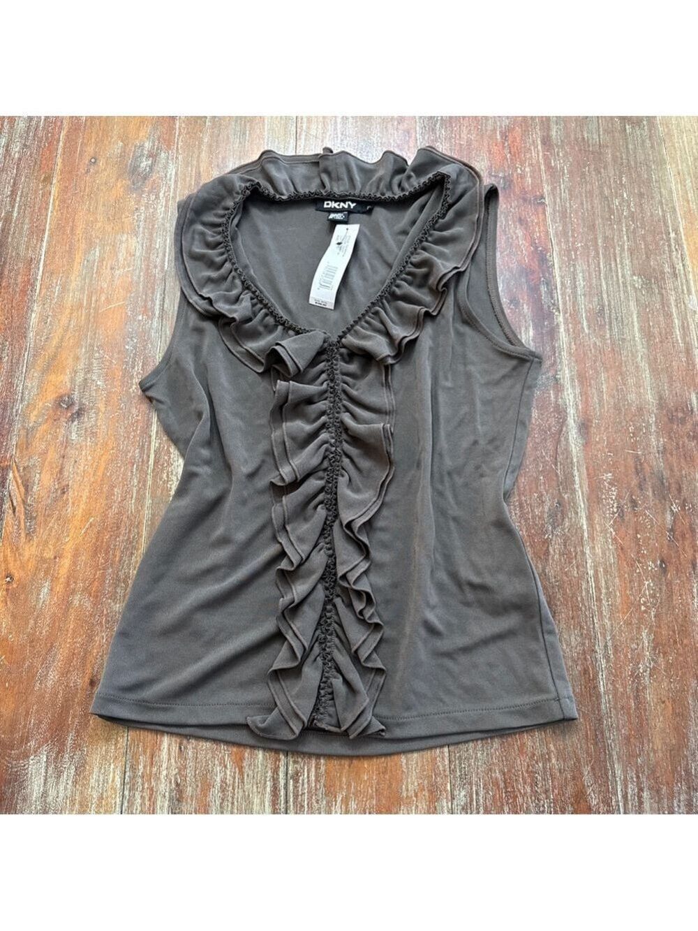 DKNY Olive Green Sleeveless V-Neck Ruffle Blouse Small